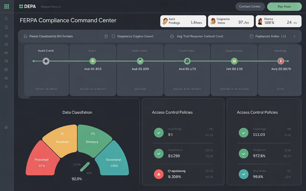 Compliance & FERPA Security analytics dashboard showing charts, graphs, and key performance metrics