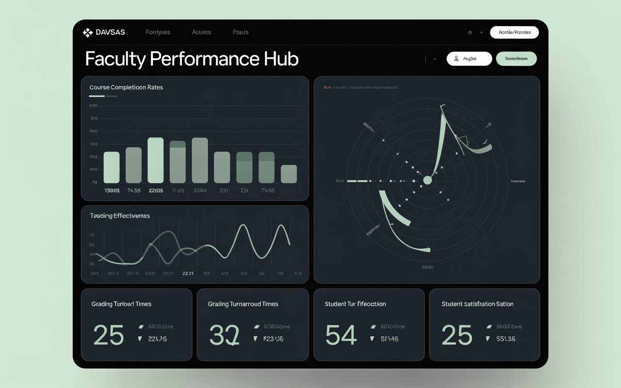 Faculty Support analytics dashboard showing charts, graphs, and key performance metrics