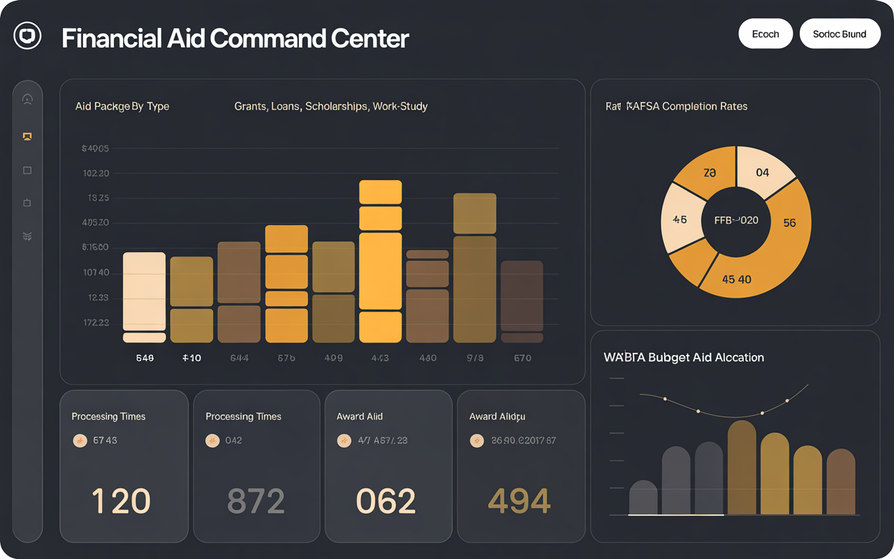 Financial Aid Automation analytics dashboard showing charts, graphs, and key performance metrics